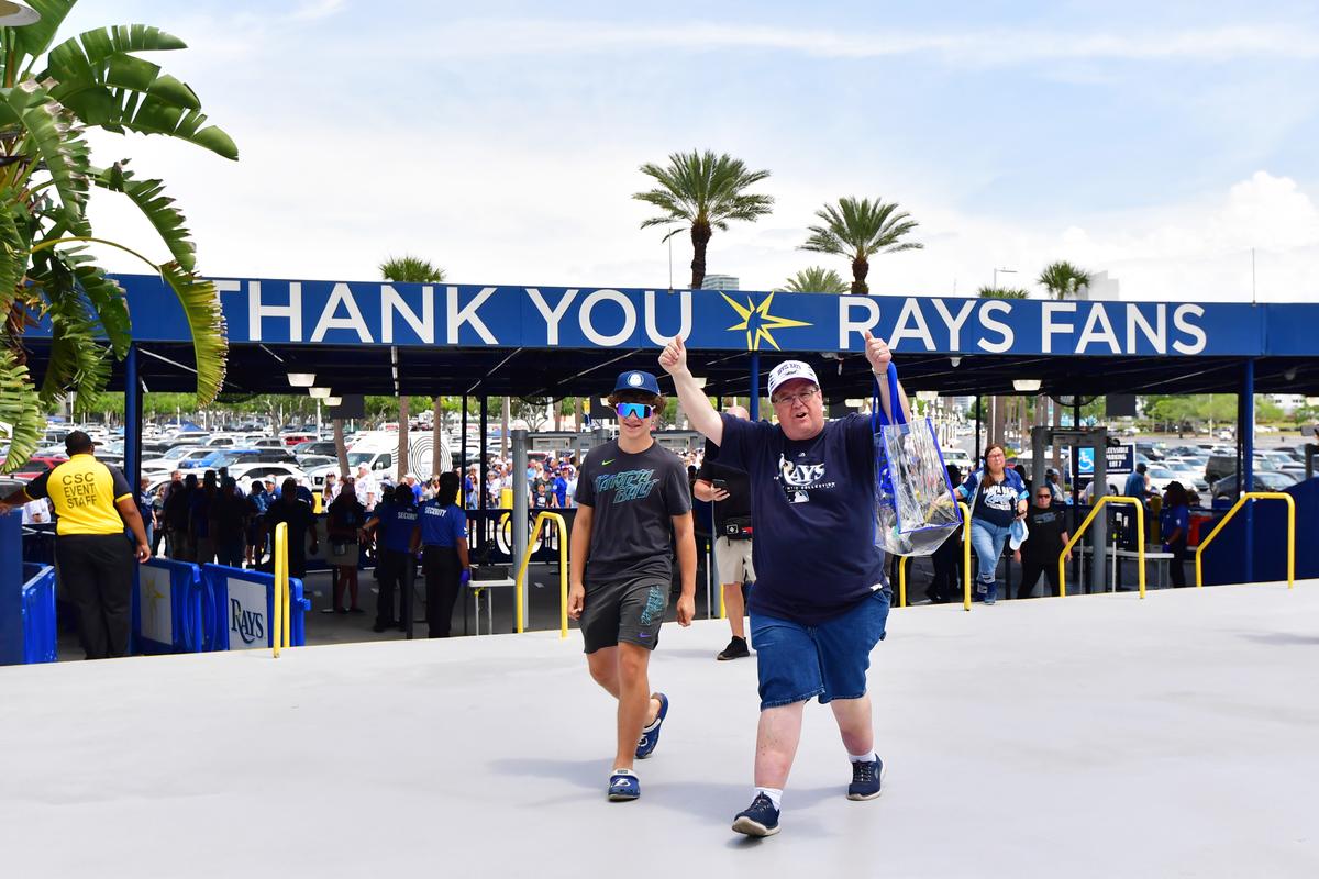 The first fan walks through the security gate before an MLB game between the Tampa Bay Rays and the Chicago Cubs at Tropicana Field in St Petersburg, Fla., on April 6, 2026. (Julio Aguilar/Getty Images)