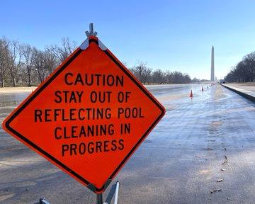 National Park Service workers drained the Lincoln Memorial Reflecting Pool on April 6, 2026, before cleaning the sludge from the bottom of the pool. (National Park Service)