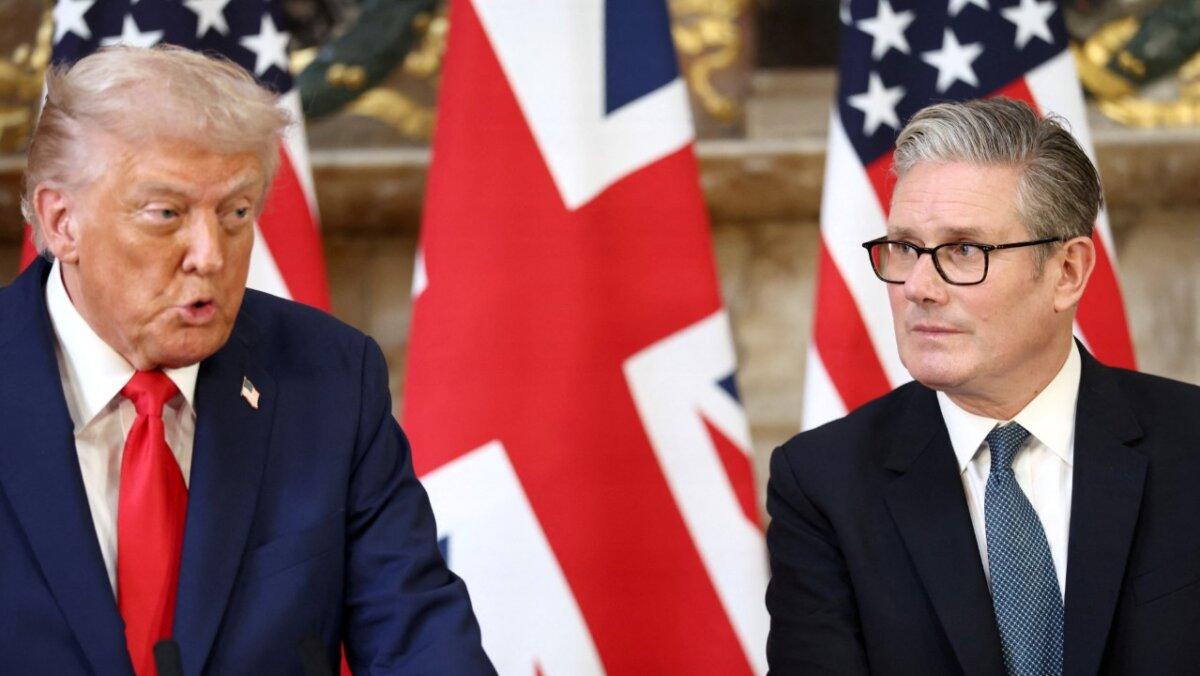 British Prime Minister Keir Starmer listens as President Donald Trump speaks during a press conference at Chequers, near Aylesbury, England, on Sept. 18, 2025. (Kevin Lamarque/Reuters)