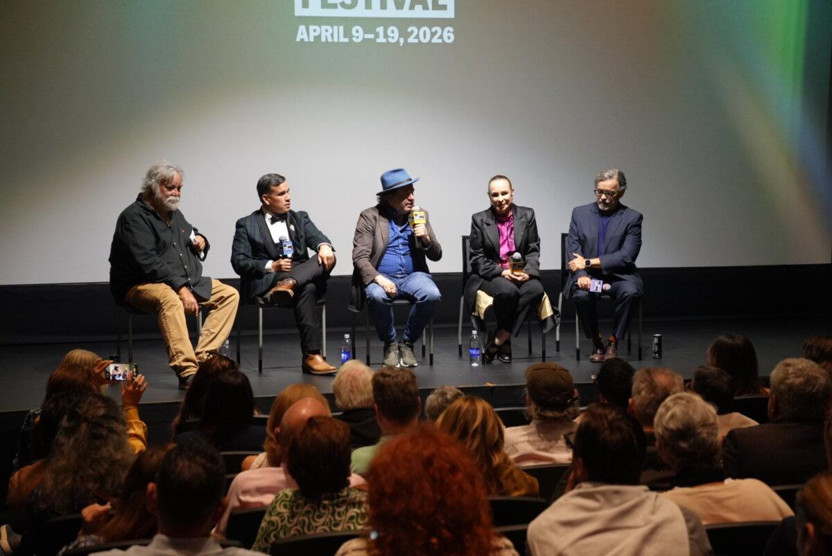 Alina Fernández, Fidel Castro's daughter, answers questions from the crowd about her documentary, which features her and other expatriates' experiences of surviving the communist Cuban regime. The film, titled "Revolution's Daughter," premiered in Miami on April 10, 2026. (Troy Myers/The Epoch Times)