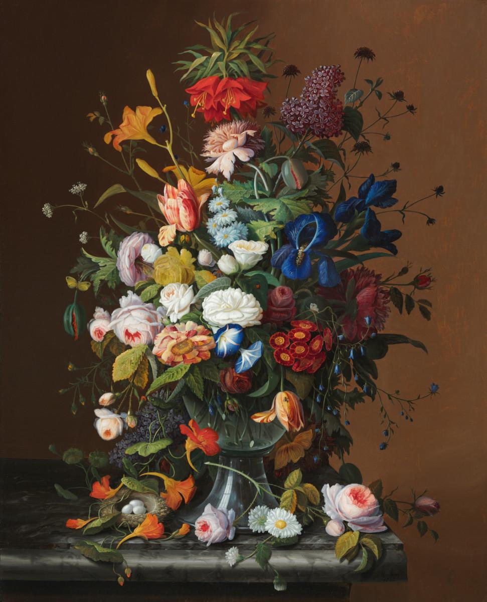 “Flower Still Life With Bird's Nest,” 1853, by Severin Roesen. Oil on canvas; 40 inches by 32 inches. Philadelphia Museum of Art, purchased with support from the Henry P. McIlhenny Fund in memory of Frances P. McIlhenny, Mr. and Mrs. Robert L. McNeil, Jr., the Edith H. Bell Fund, Mrs. J. Maxwell Moran, Marguerite and Gerry Lenfest, the Center for American Art Fund, Donna C. and Morris W. Stroud II, Dr. and Mrs. Robert E. Booth, Jr., Frederick LaValley and John Whitenight, Mr. and Mrs. John A. Nyheim, Charlene Sussel, Penelope P. Wilson, the American Art Committee, and with the gift (by exchange) of Theodore Wiedemann in memory of his wife, Letha M. Wiedemann. (Courtesy of the Philadelphia Museum of Art)