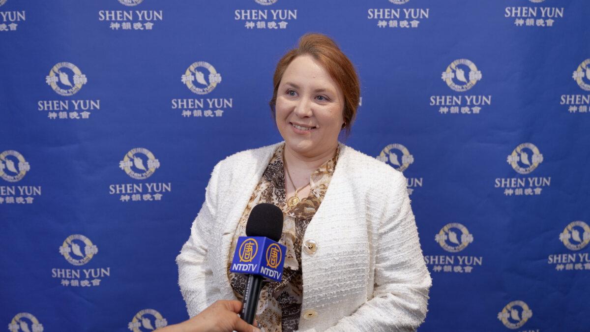 Louise Marquis shares her thoughts after seeing Shen Yun Performing Arts in Lyon, France, on April 8, 2026. (NTD)