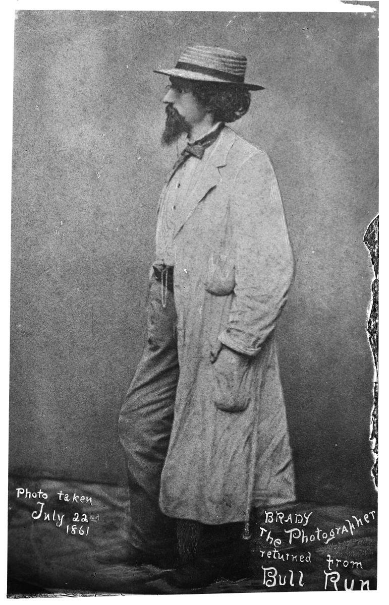 Brady upon his return from the First Battle of Bull Run in Manassas; under his long coat, he is wearing a saber awarded to him by the New York Fire Zouaves. Library of Congress. (Public Domain)