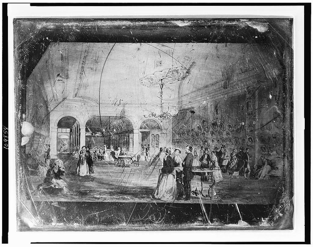 Illustration, 1854, by an unknown artist, reproduced as woodcut in Brady's advertisements in Norton's Literary Gazette for 1854. Library of Congress. An interior view of a reception gallery. In distant background, seen through entrance to another room, is operator standing beside camera. (Public Domain)