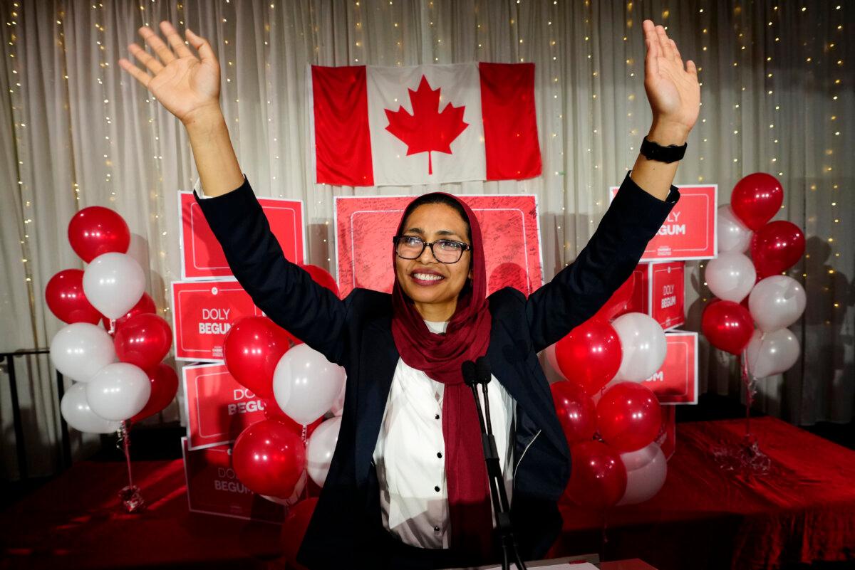 Liberal Party candidate Doly Begum celebrates winning the byelection for the riding of Scarborough Southwest, in Toronto on April 13, 2026. (The Canadian Press/Frank Gunn)
