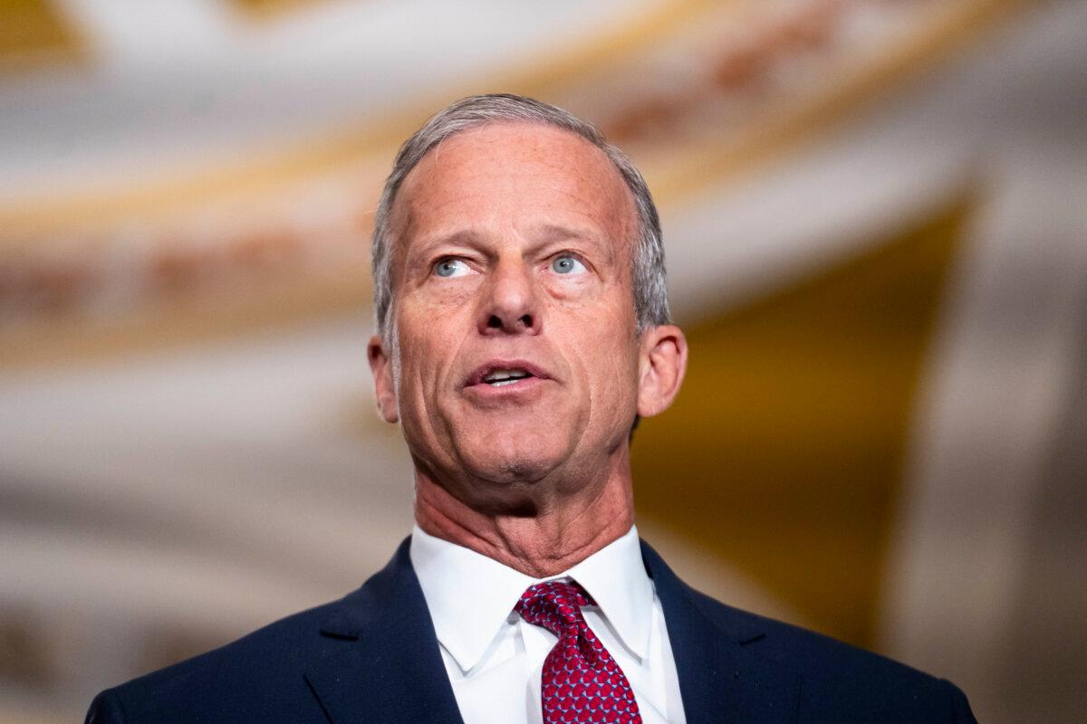 Senate Majority Leader John Thune (R-S.D.) speaks to reporters in Washington on April 14, 2026. (Madalina Kilroy/The Epoch Times)