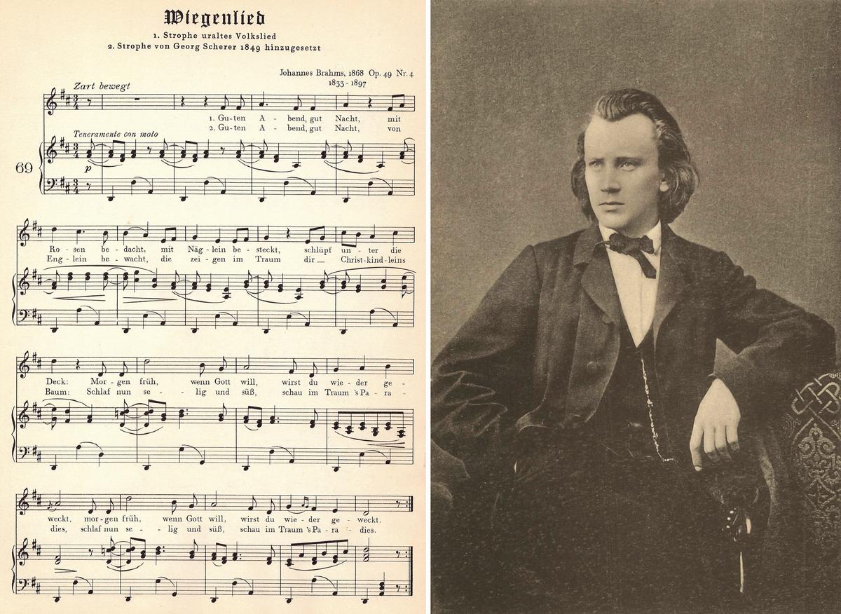 (Left) "Wiegenlied" ("Lullaby’), first published in 1868, is one of Johannes Brahms’s most famous pieces. (Right) A circa 1865 portrait of composer Johannes Brahms. (Public Domain)