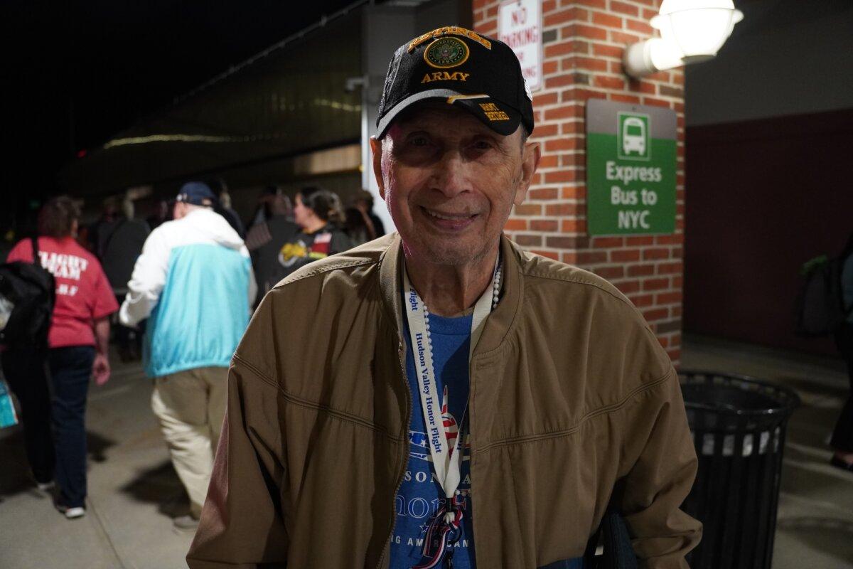 Veteran and Honor Flight participant Anthony Romano at Stewart International Airport in Newburgh, N.Y., on April 11, 2026. (Oliver Mantyk/The Epoch Times)