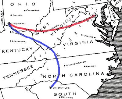 Lowe's intended flight from Cincinnati shown in red. Actual flight in blue. (<a href="https://en.wikipedia.org/wiki/User:Magi_Media">Mike Manning</a>/<a href="https://creativecommons.org/licenses/by-sa/3.0/">CC BY-SA 3.0</a>)