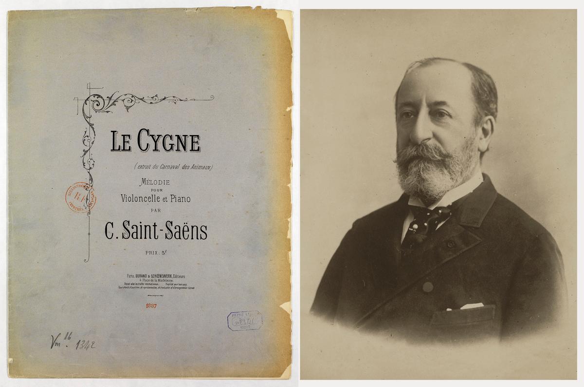 (Left) Sheet music cover for “Le Cygne” (“The Swan”), which is an excerpt melody from Camille Saint-Saëns’s “Le Carnaval des Animaux” (“The Carnival of the Animals”), 1887. (Right) A circa 1890 portrait of composer Camille Saint-Saëns by Carl Reutlinger. National Library of France, Paris. (Public Domain)