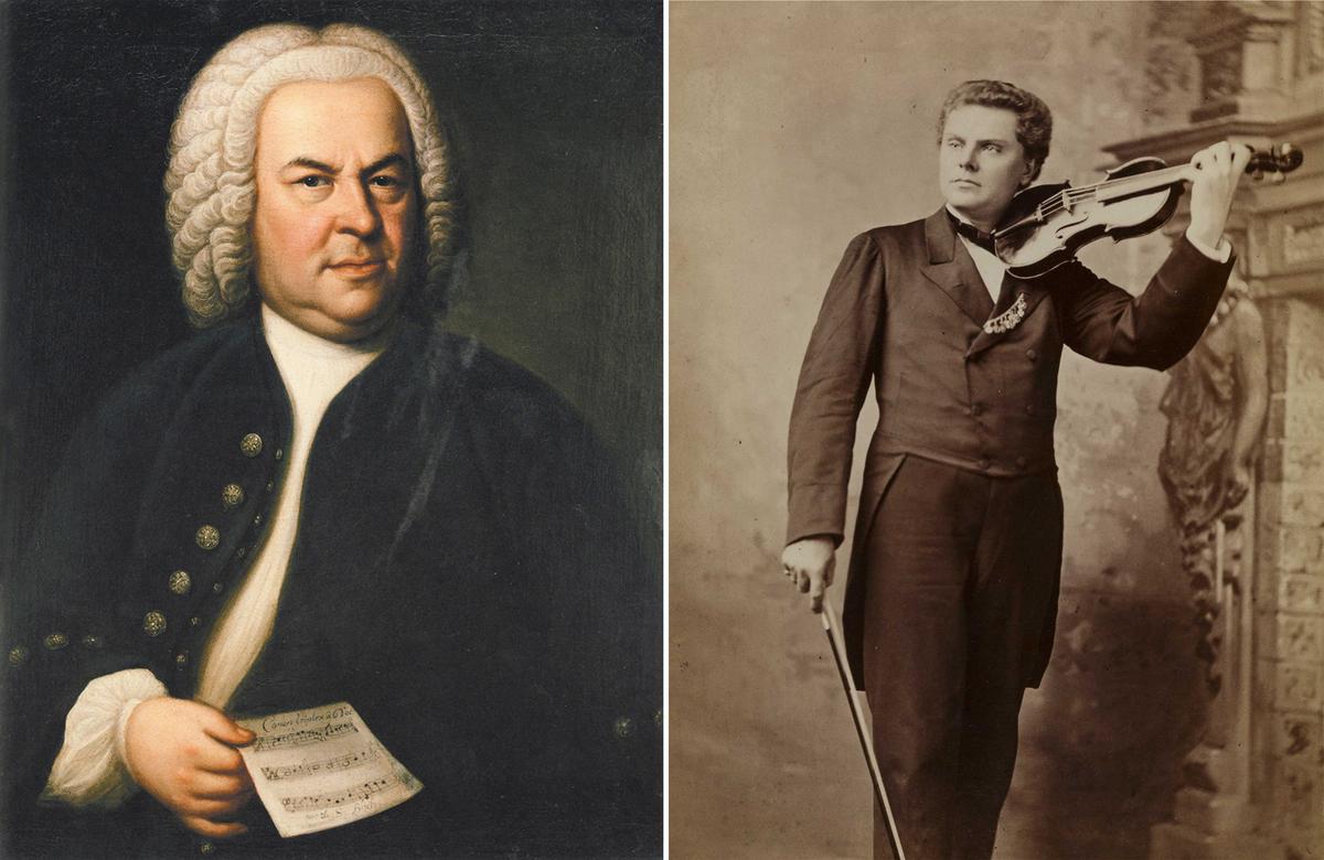 (Left) Johann Sebastian Bach (aged 61) in a portrait by Elias Gottlob Haussmann, 1748. Bach Archive, Leipzig, Germany. (Right) Portrait of German violinist August Wilhelmj, circa 1879. Newberry Library, Chicago. (Public Domain)
