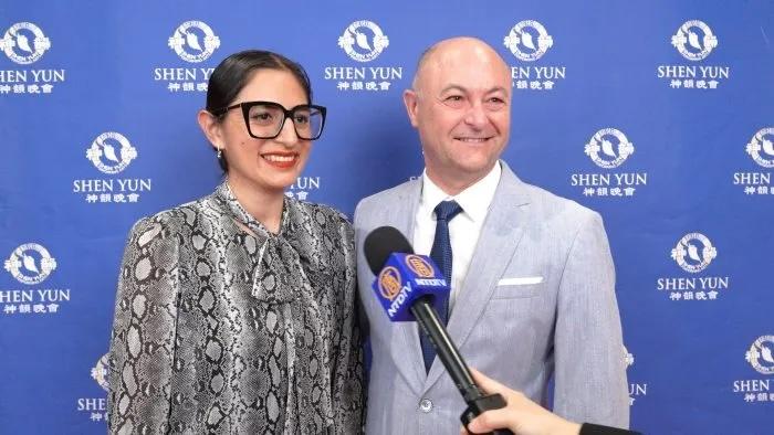 Kenny and Pierre Charon (R) share their thoughts on Shen Yun Performing Arts in Lyon, France, on April 11, 2026. (NTD)