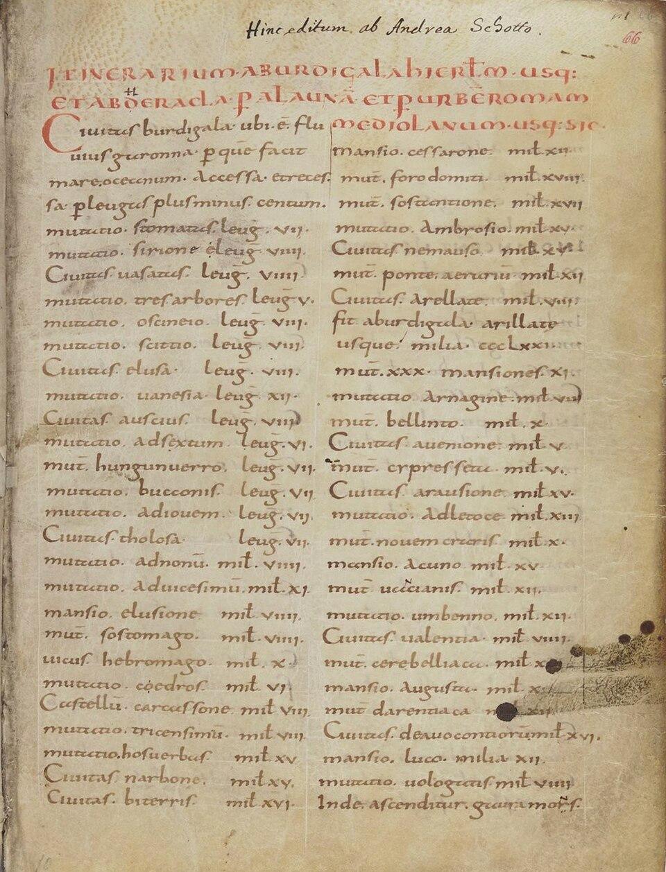 A copy of the first page of the "Bordeaux Itinerary," held at the National Library of France. (<a href="https://commons.wikimedia.org/w/index.php?title=User:Cnfy1cnfy1&action=edit&redlink=1">Cnfy1cnfy1</a>/<a href="https://creativecommons.org/licenses/by-sa/4.0/deed.en">CC BY-SA 4.0</a>)