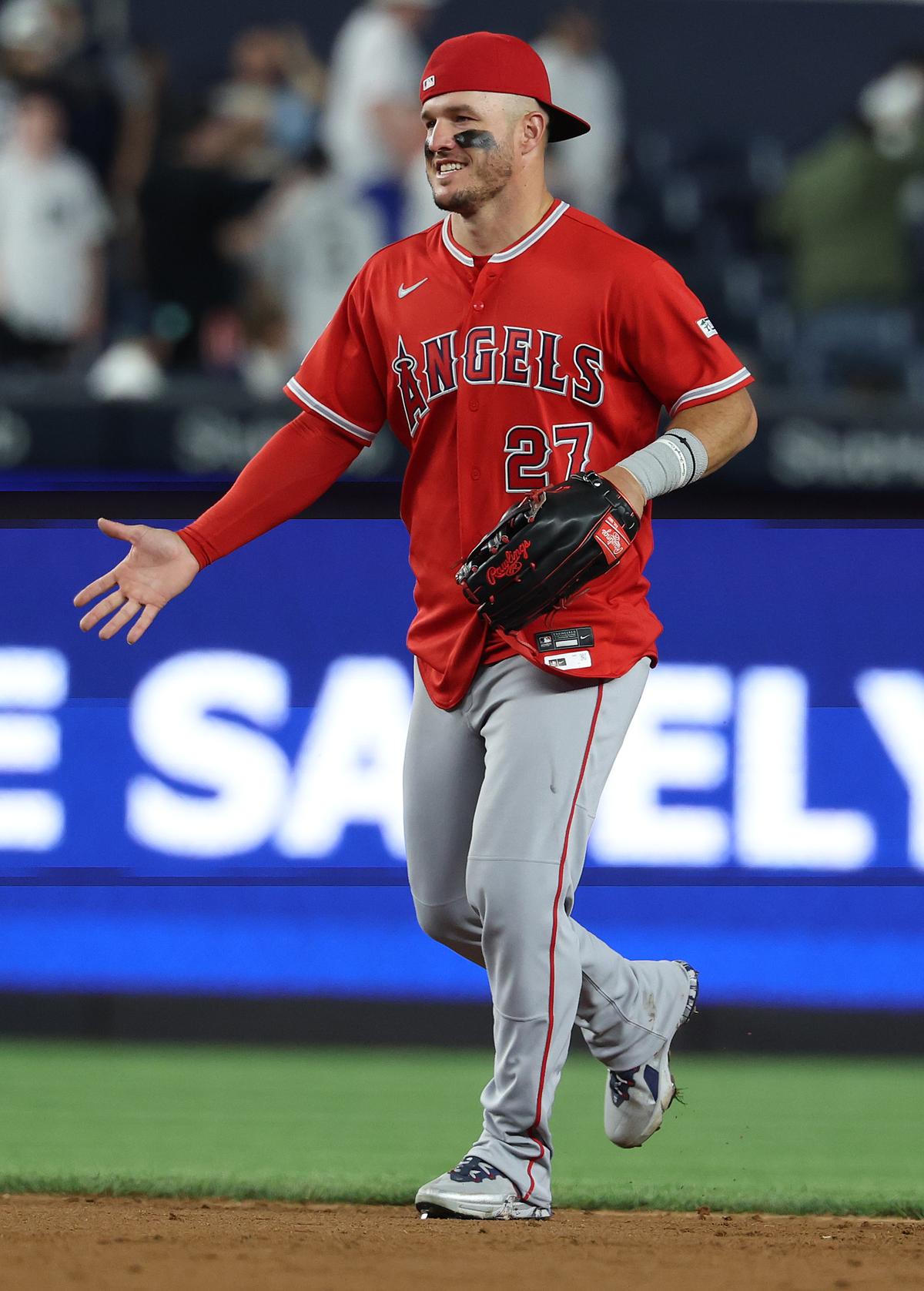 Mike Trout of the Los Angeles Angels celebrates a 7–1 win against the New York Yankees during their game at Yankee Stadium in New York City on April 14, 2026. (Al Bello/Getty Images)