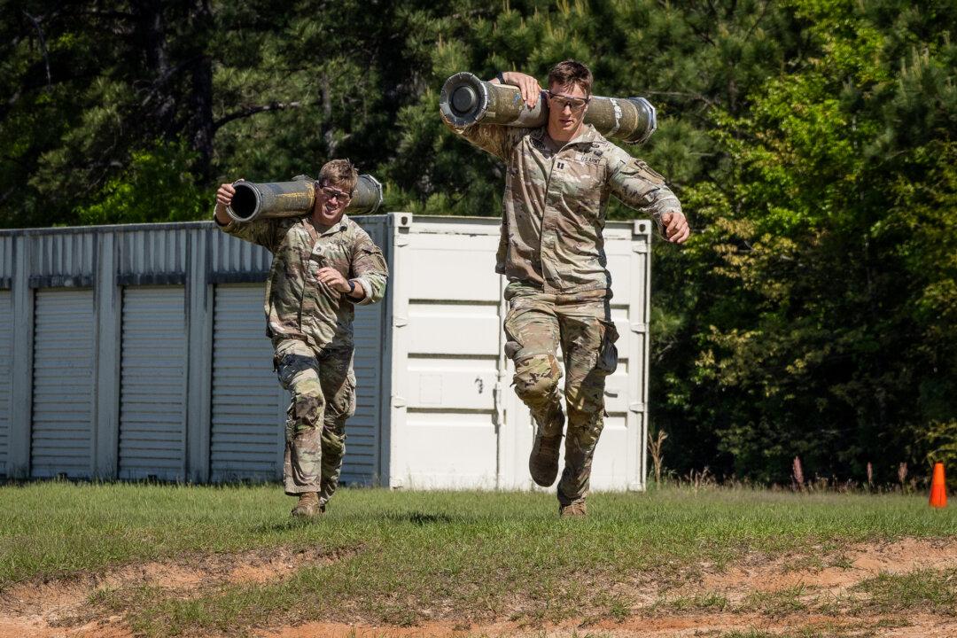 (Left) Soldiers compete in a range event during the Best Ranger Competition at Fort Benning, Ga., on April 10, 2026. (Right) Soldiers jump from a Black Hawk helicopter into Victory Pond at Fort Benning, Ga., on April. 12, 2026. (John Fredricks/The Epoch Times, Staff Sgt. Cayce Watson/U.S. Army)