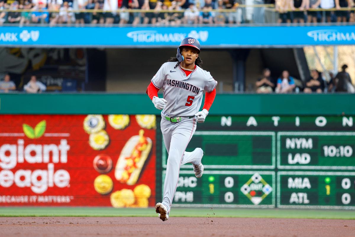 CJ Abrams #5 of the Washington Nationals rounds the bases after hitting a solo home run in the first inning against the Pittsburgh Pirates at PNC Park in Pittsburgh, Pennsylvania, on April 13, 2026. (Justin K. Aller/Getty Images)