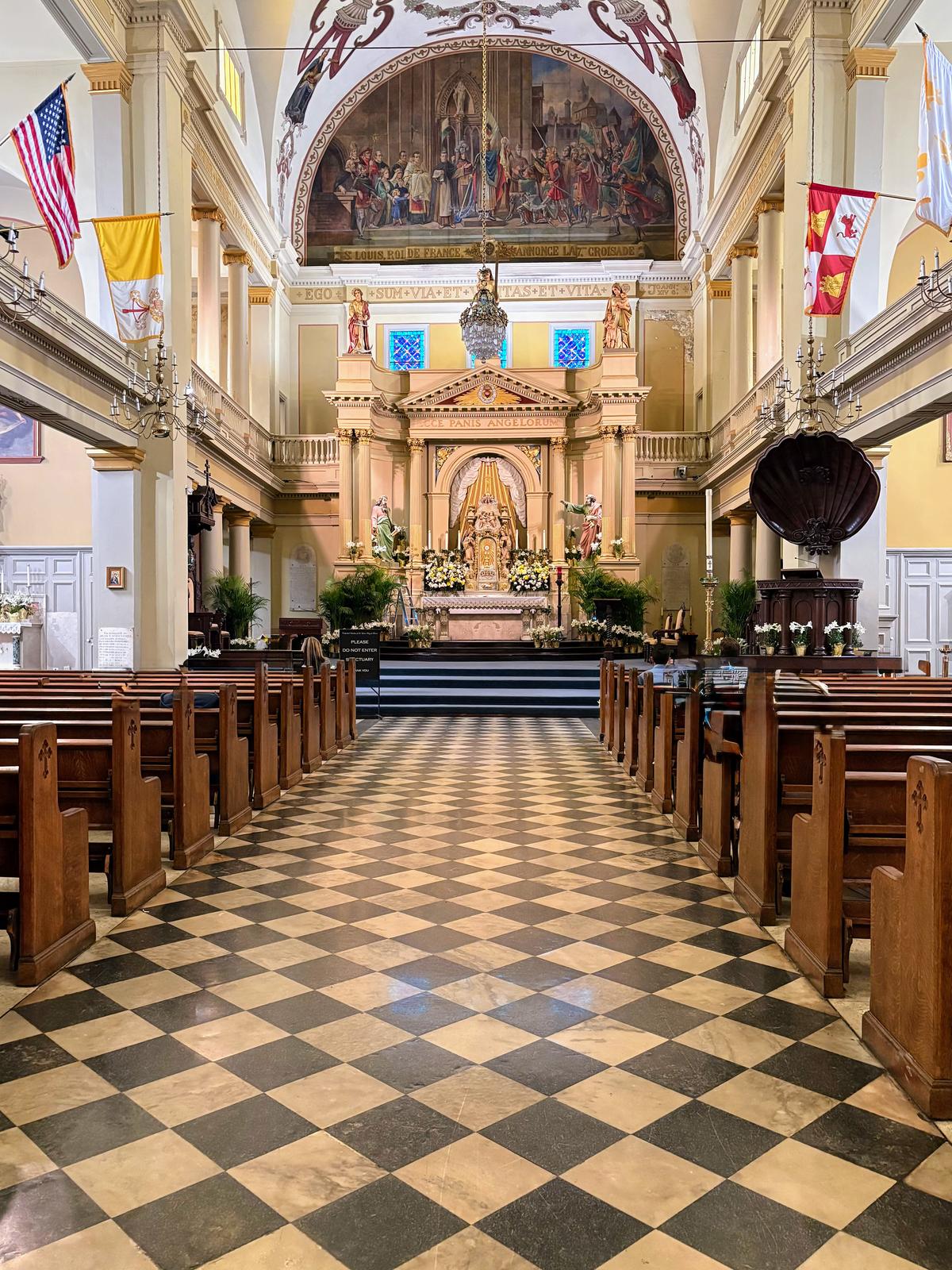 A view of the black-and-white marble flooring at St. Louis Cathedral in New Orleans. (Sarah Isak-Goode/The Epoch Times)