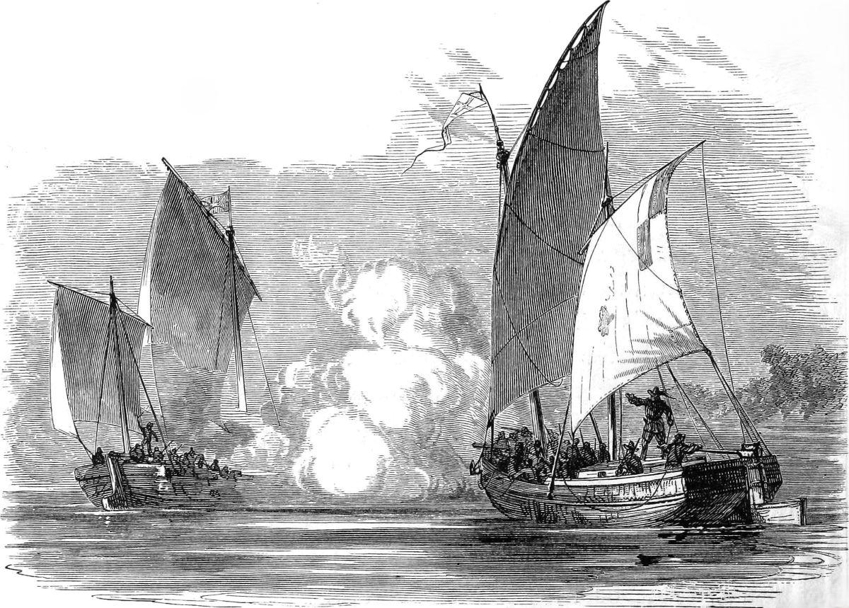 Depiction of the Battle of Pocomoke Sound, one of the earliest recorded naval battles on the Chesapeake Bay. (<a href="https://commons.wikimedia.org/wiki/User:Steveprutz">Steve Prutz</a>/<a href="https://creativecommons.org/publicdomain/zero/1.0/deed.en">CC0</a>)
