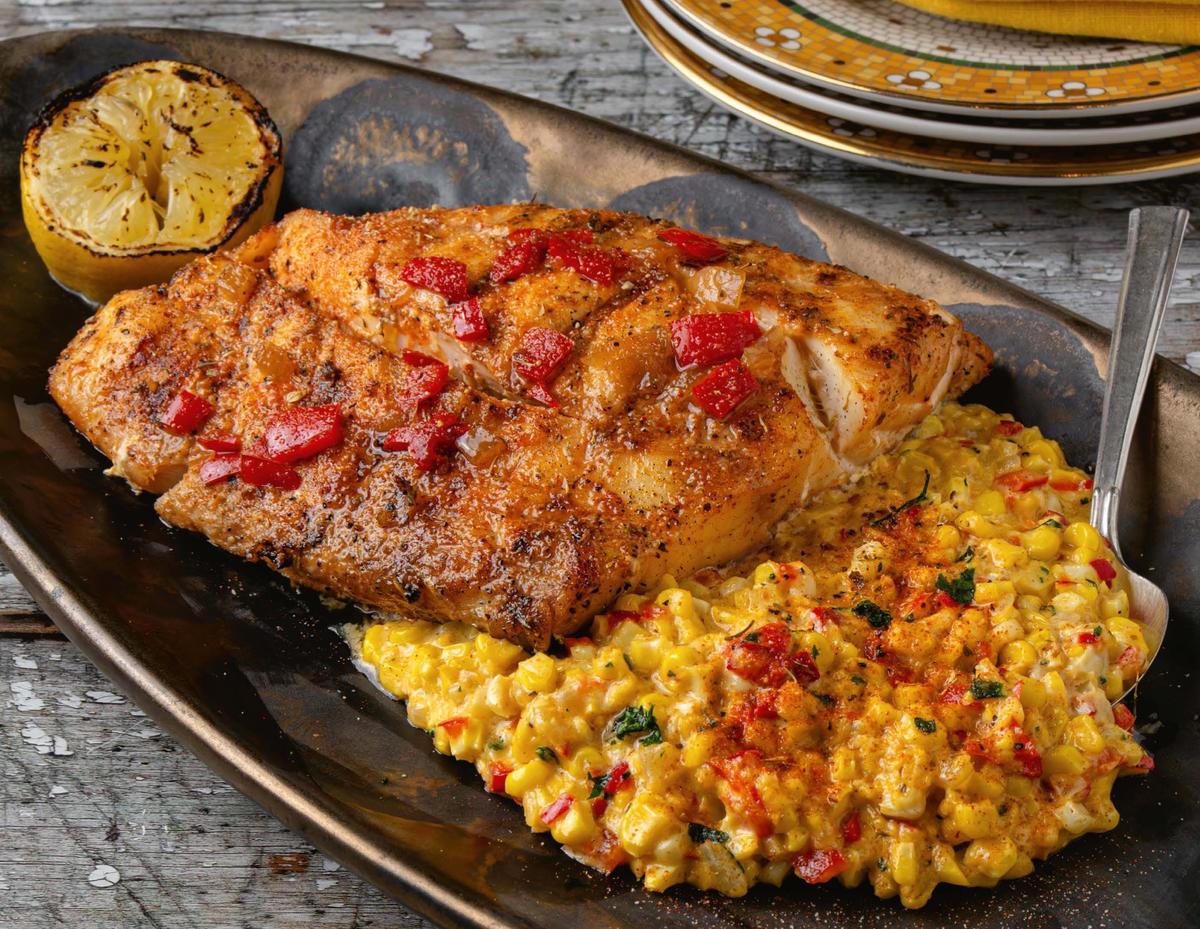Grilled Red Snapper with Pisco Lime Sauce and Corn Maque Choux