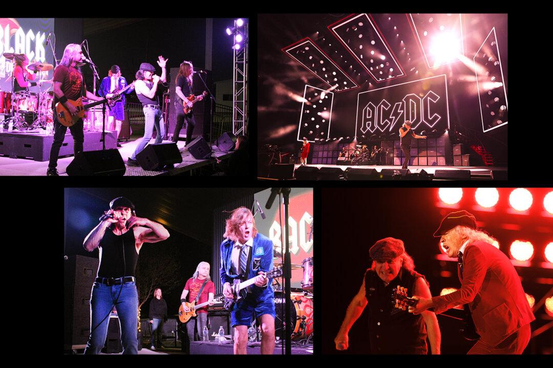 (Top Left) Dallas-based AC/DC tribute band Back in Black perform in Frisco, Texas, on March 13, 2026. (Top Right) Brian Johnson of AC/DC performs during their Power Up Tour at Melbourne Cricket Ground in Melbourne, Australia, on Nov. 12, 2025. (Bottom Left) Darren Caperna as Brian Johnson (L) and Mike Mroz as Angus Young perform with the AC/DC tribute band Back in Black in Frisco, Texas, on March 13, 2026. (Bottom Right) Brian Johnson and Angus Young of AC/DC perform during their Power Up Tour at Melbourne Cricket Ground in Melbourne, Australia, on Nov. 12, 2025. (Michael Clements/The Epoch Times, Morgan Hancock/Getty Images)
