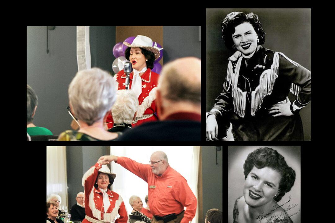 (Top Left) Rhonda Medina, a tribute artist, performs as Patsy Cline at an assisted living center in Flower Mound, Texas, on Jan. 1, 2026. (Top Right) Patsy Cline in 1961. (Bottom Left) Rhonda Medina, a tribute artist dances with an audience member while performing as Patsy Cline at an assisted living center in Flower Mound, Texas on Jan. 14, 2026. (Bottom Right) Patsy Cline in 1957. (Michael Clements/The Epoch Times, Public Domain)