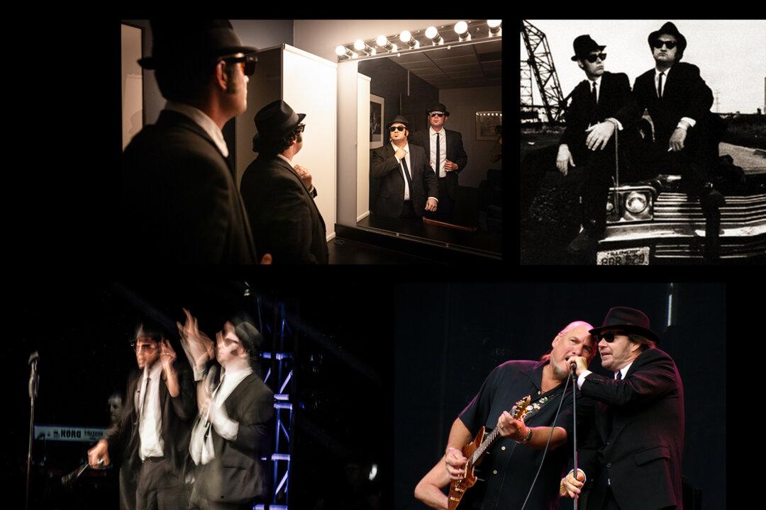 (Top Left) Clint Nievar (L) and Justin Sassanella prepare to portray The Blues Brothers™ at the Pepsi Legends Theater in Branson, Mo., on March 24, 2026. (Top Right) Elwood and Jake Blues and the Bluesmobile, in 1980. (Bottom Left) Clint Nievar (R) and Justin Sassanella perform as The Blues Brothers™ at Pepsi Legends Theater in Branson, Mo., on March 24, 2026. (Bottom Right) The Blues Brothers™ band on July 6, 2008. (John Fredricks/The Epoch Times, CC BY 2.0)