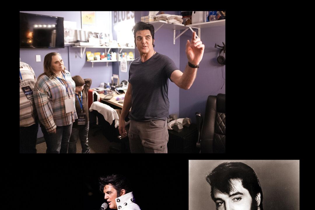 (Top) Elvis Presley tribute artist Ryan Pelton talks with fans backstage at the Pepsi Legends Theater in Branson, Mo., on March 24, 2026. (Bottom Left) Ryan Pelton portrays Elvis Presley at the Pepsi Legends Theater in Branson, Mo., on March 24, 2026. (Bottom Right) A photo of Elvis Presley for The Trouble with Girls in 1968. (John Fredricks/The Epoch Times, MGM/Public Domain)