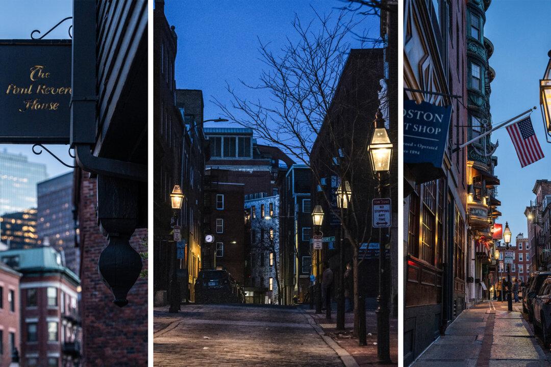 (Left) The Paul Revere House in Boston on April 9, 2026. (Center) A street near the Paul Revere House in Boston on April 9, 2026. (Right) The street where the Paul Revere House is located in Boston on April 9, 2026. (Samira Bouaou/The Epoch Times)