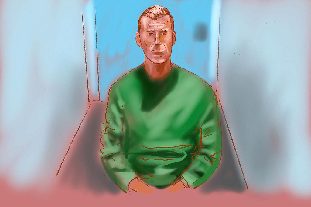 A sketch by artist Rocco Fazzari shows former Australian soldier Ben Roberts-Smith appearing via video link at a court in Sydney, Australia on April 17, 2026. (Rocco Fazzari/AFP via Getty Images)