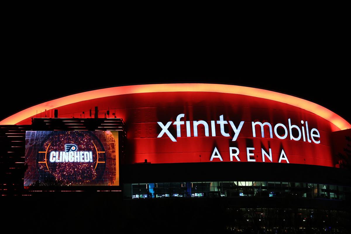 An exterior view of Xfinity Mobile Arena after the Philadelphia Flyers win 3-2 over the Carolina Hurricanes during a shootout to clinch a playoff spot in Philadelphia on April 13, 2026. (Emilee Chinn/Getty Images)