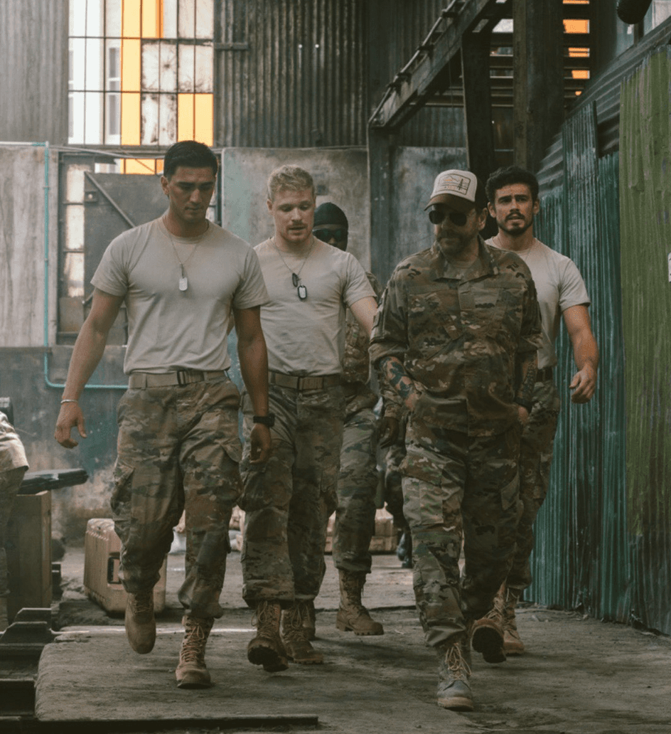 (L–R) Miguel (Orlando Pineda), Danny (Solly McLeod), Carson (Ashton Sanders), Capt. Jordan Wright (Kiefer Sutherland), and Alberto (Tommy Martinez), in "Brothers Under Fire." (Vertical)