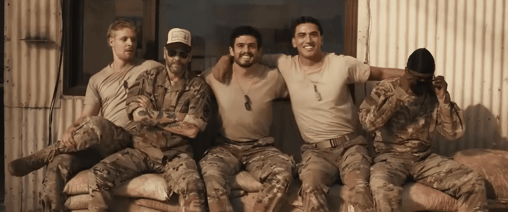 (L–R) Danny (Solly McLeod), Cpt. Jordan Wright (Kiefer Sutherland), Alberto (Tommy Martinez), Miguel (Orlando Pineda), and Carson (Aston Sanders), in "Brothers Under Fire." (Vertical)