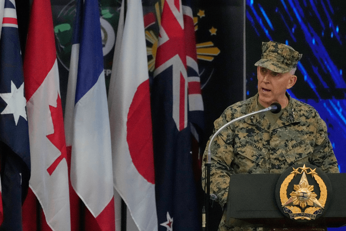 Commanding General of the U.S. Marine Expeditionary Force Lt. Gen. Christian Wortman speaks during the opening ceremonies of the joint military exercise dubbed "Balikatan" or "Shoulder to Shoulder," at Camp Aguinaldo military headquarters in Quezon City, Philippines, on April 20, 2026. (Aaron Favila/AP)