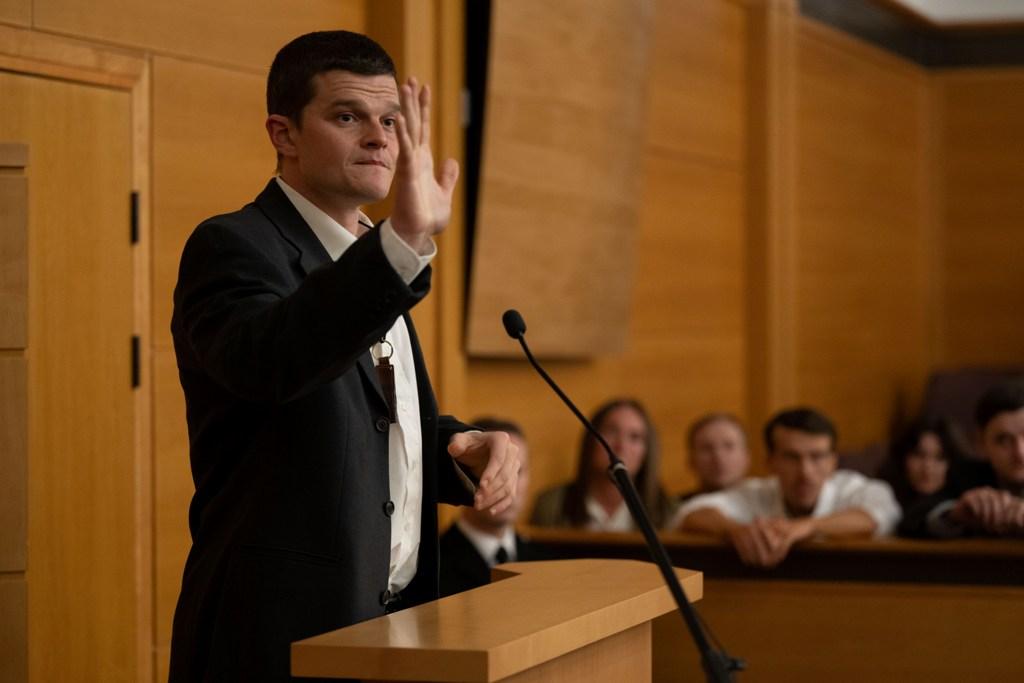 John Davidson (Robert Aramayo), in “I Swear.” The Judge kicks out John for his tics despite the defense agent's plea. (Graeme Hunter/ Sony Pictures Classics)