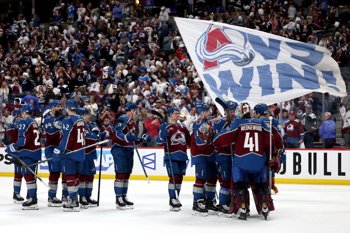 Goalie Scott Wedgewood #41 of the Colorado Avalanche celebrates with his teammates their win against the Los Angeles Kings in Game One of the first round of the 2026 Stanley Cup Playoffs at Ball Arena in Denver, Colorado on April 19, 2026. (Matthew Stockman/Getty Images)