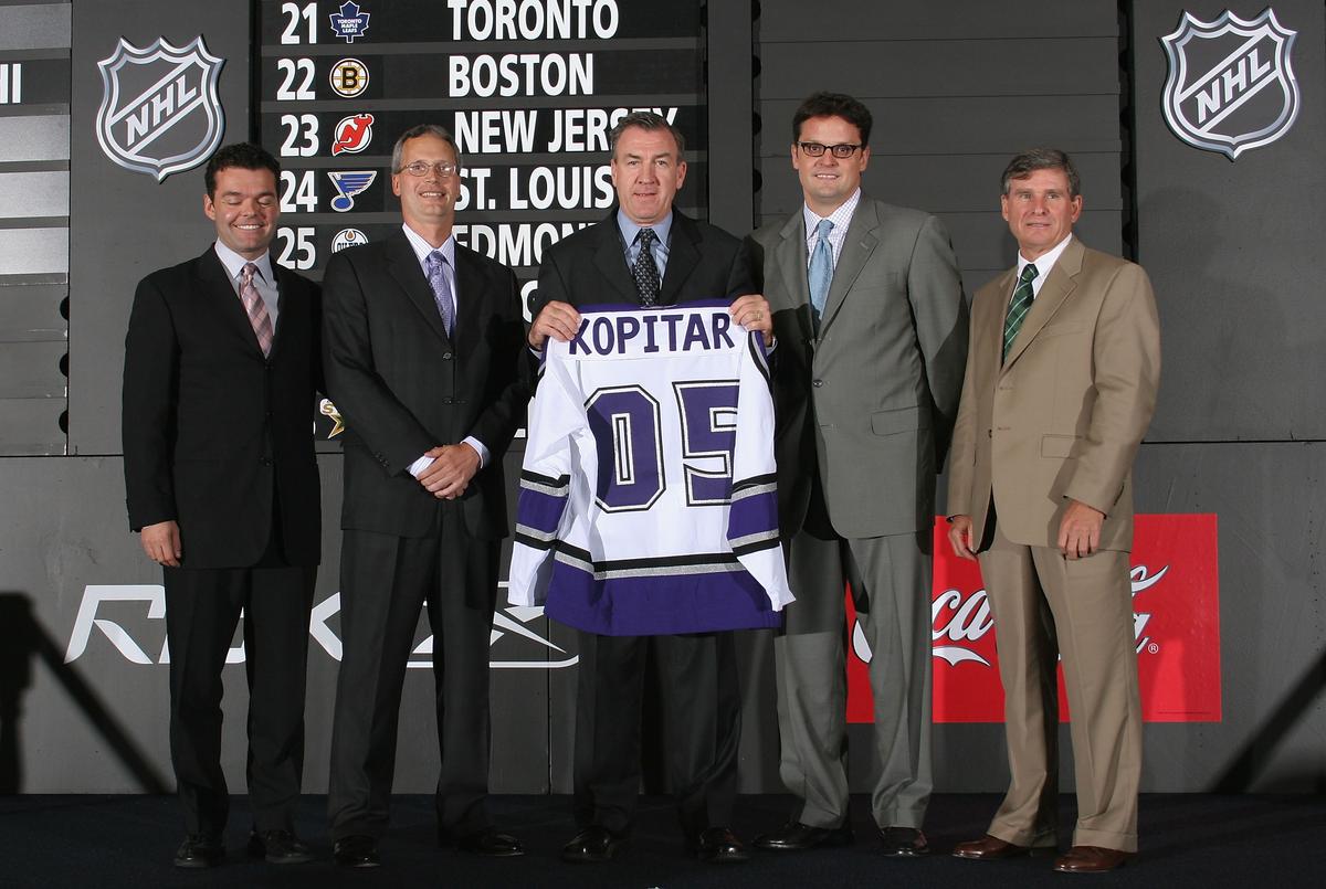 Los Angeles Kings personnel display the 11th overall pick Anze Kopitar jersey after his selection in the 2005 National Hockey League Draft at the Westin Hotel in Ottawa, Canada on July 30, 2005. (Andre Ringuette/Getty Images)