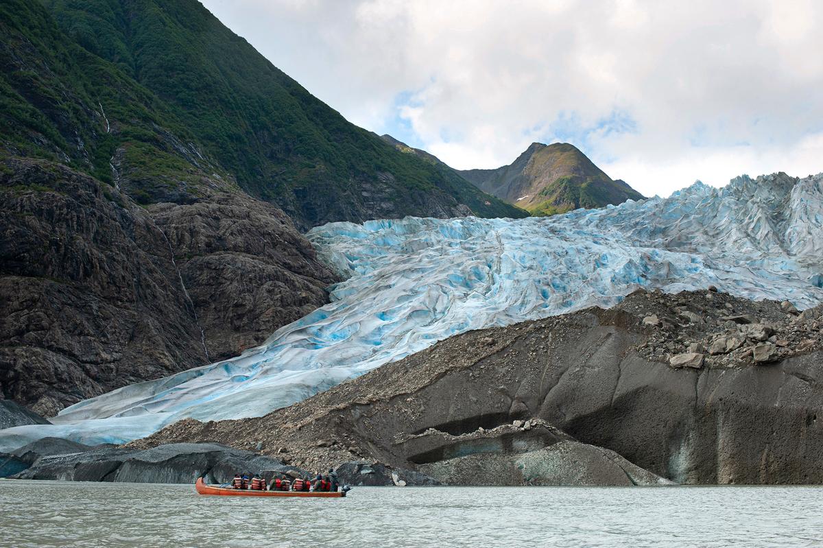 The 4-mile-long Davidson Glacier borders Glacier Bay and the Cilkat Mountains near Haines and Skagway, Alaska. Its intense blue ice is compressed and devoid of air bubbles. (Jadwiga Figula/Getty Images)