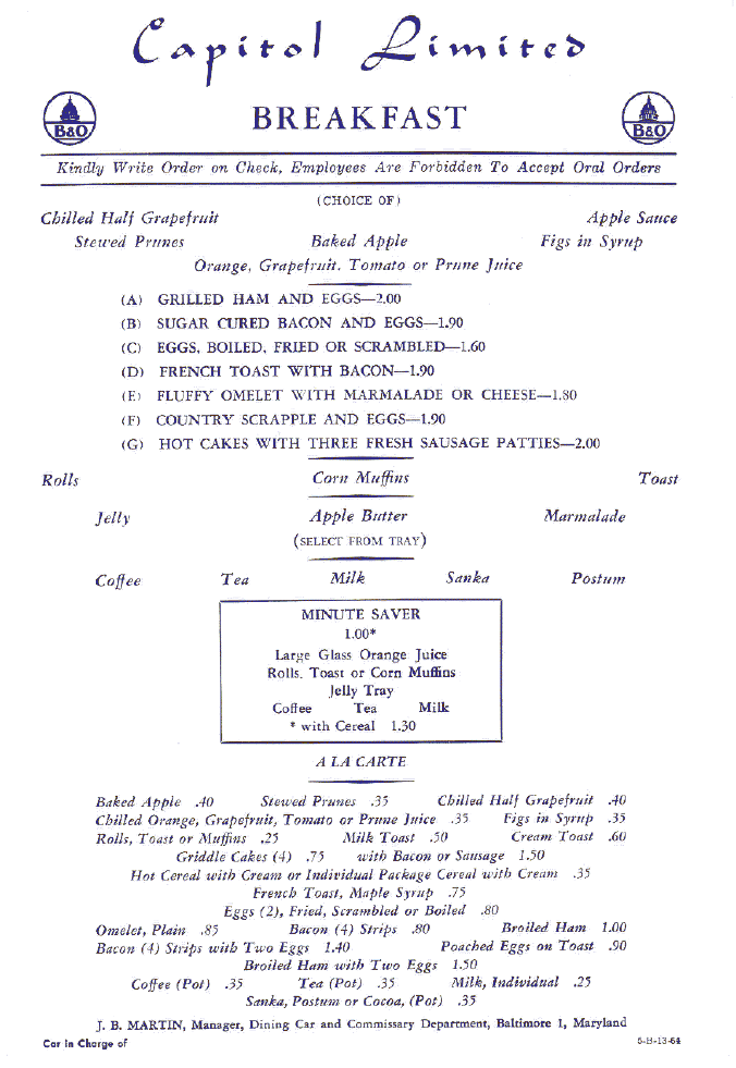 Dining car menu from the Baltimore and Ohio Railroad's train, the Capitol Limited. (Public Domain)
