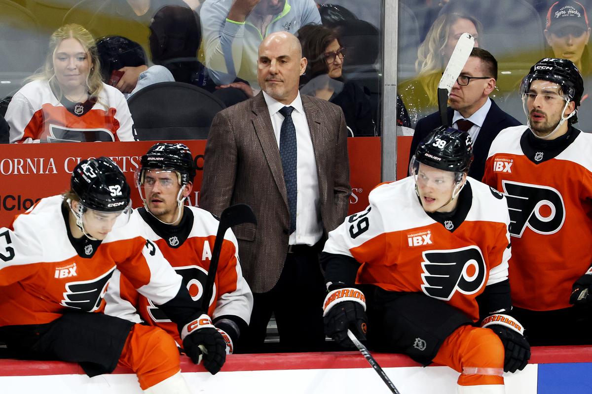 Philadelphia Flyers head coach Rick Tocchet watches from the bench during the third period against the Washington Capitals at Xfinity Mobile Arena in Philadelphia, Pennsylvania on March 11, 2026. (Emilee Chinn/Getty Images)
