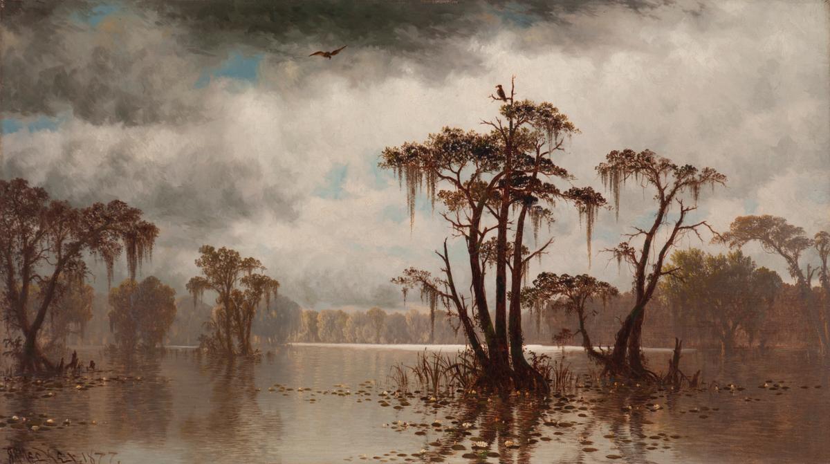 "Bayou Scene," 1877, by Joseph Rusling Meeker. Oil on canvas; 18 1/8 inches by 32 1/8 inches. Saint Louis Art Museum. (Public Domain)