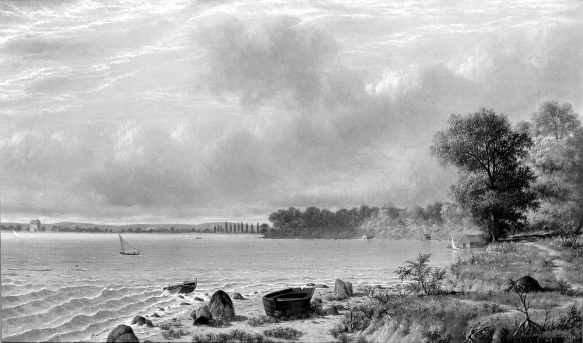 A digital monochromatic scan of "Lake Mendota, Madison, Wisconsin," 1870–1871, Joseph Rusling Meeker. Oil on canvas; 18 1/16 inches by 30 1/4 inches. Brooklyn Museum. (Public Domain)