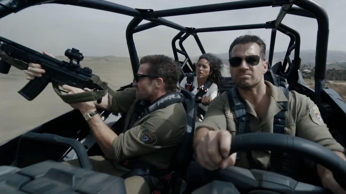 (L-R) Bronco (Jake Gyllenhaal), Sophia (Eiza González), and Sid (Henry Cavill), in "In the Grey." (Black Bear Pictures)
