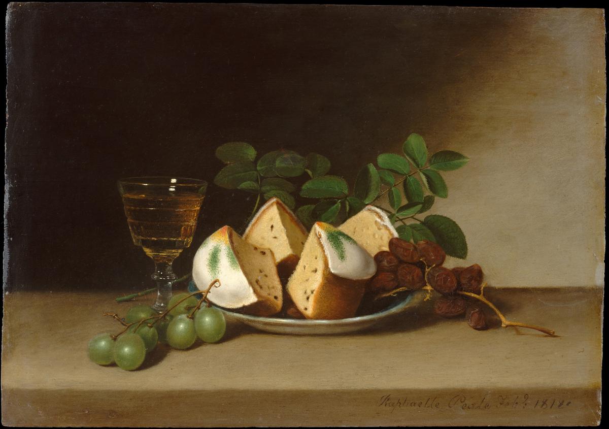 "Still Life With Cake," 1818, by Raphaelle Peale. Oil on panel; 10 3/4 inches by 15 1/4 inches. Metropolitan Museum of Art, New York City. (Public Domain)