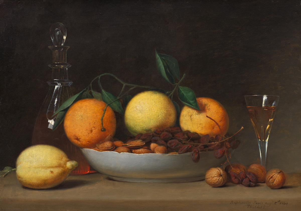 "A Dessert," 1814, by Raphaelle Peale. Oil on panel; 13 3/8 inches by 19 inches. National Gallery of Art, Washington. (Public Domain)