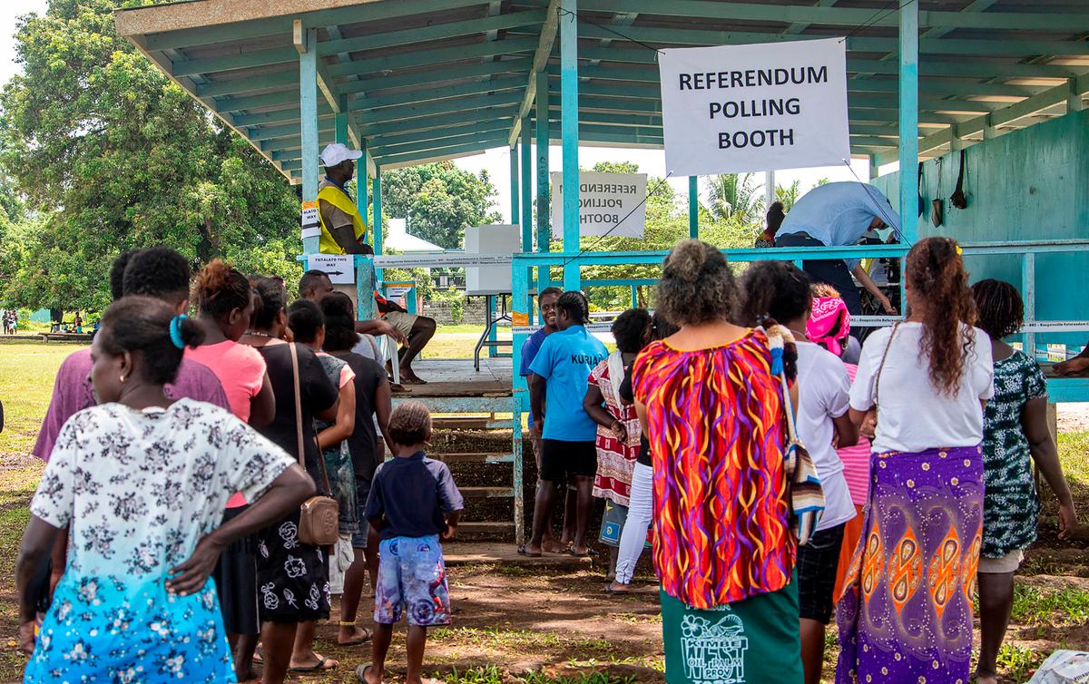 Bougainville residents wait to vote at a polling station in a historic independence vote in Buka, Bougainville, on Nov. 23, 2019. (Ness Kerton/AFP via Getty Images)