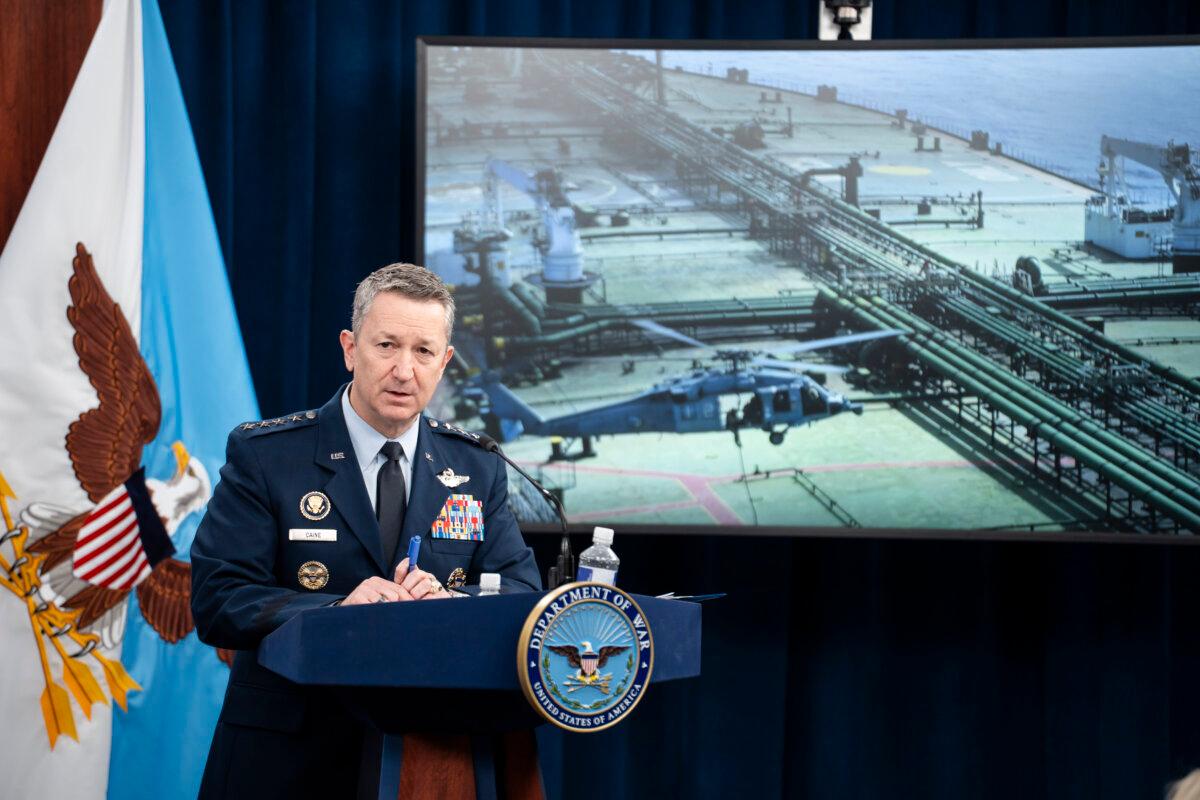 Gen. Dan Caine, chairman of the Joint Chiefs of Staff, speaks during a press briefing at the Pentagon in Arlington, Va., on April 24, 2026. (Madalina Kilroy/The Epoch Times)
