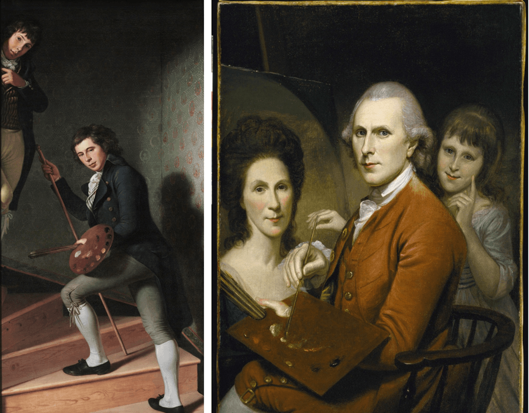 (Left) Cropped image of "The Staircase Group," 1795, depicting Raphaelle and Titian Peale. (Right) "Self-portrait with his daughter Angelica as he works on a portrait of his wife Rachel," circa 1782–1785 by Charles Wilson Peale. (Public Domain)