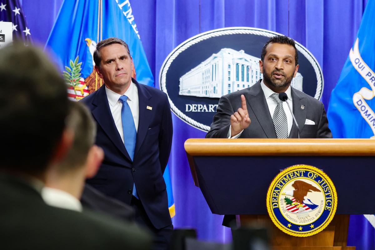 Federal Bureau of Investigation Director Kash Patel speaks alongside Acting U.S. Attorney General Todd Blanche during a news conference at the at the Robert F. Kennedy Department of Justice building in Washington on April 21, 2026. Blanche and Patel held the news conference to announce charges against the Southern Poverty Law Center in which they allege the organization funneled over $3 million dollars towards white supremacist and extremists groups. (Anna Moneymaker/Getty Images)