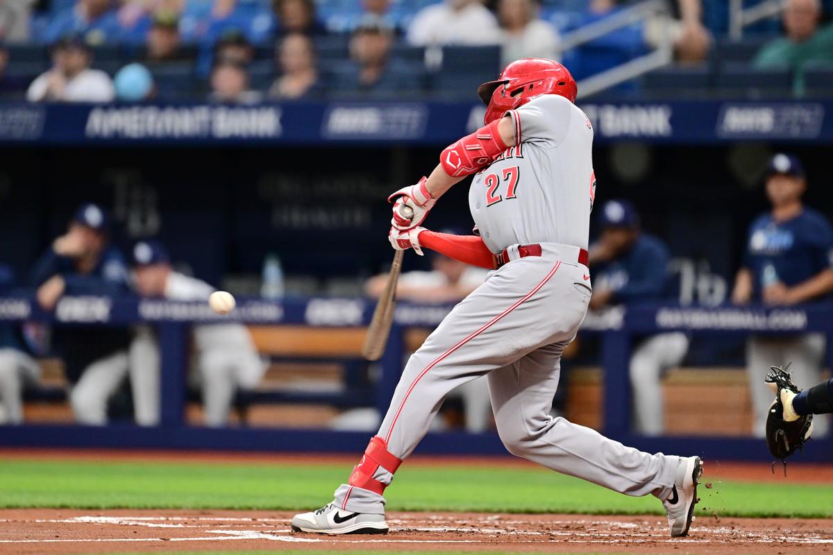Sal Stewart #27 of the Cincinnati Reds hits a two-run home run in the first inning against the Tampa Bay Rays at Tropicana Field in St Petersburg, Florida on April 20, 2026. (by Julio Aguilar/Getty Images)