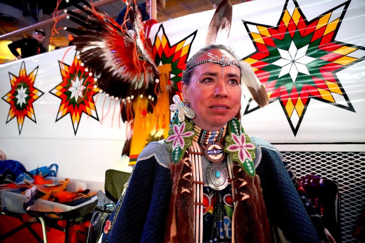 Kimberly Greene of the Oneida Six Nations tribe appears in ceremonial dress during the final Gathering of Nations powwow in Albuquerque, N.M., on April 24, 2026. (Allan Stein/The Epoch Times)